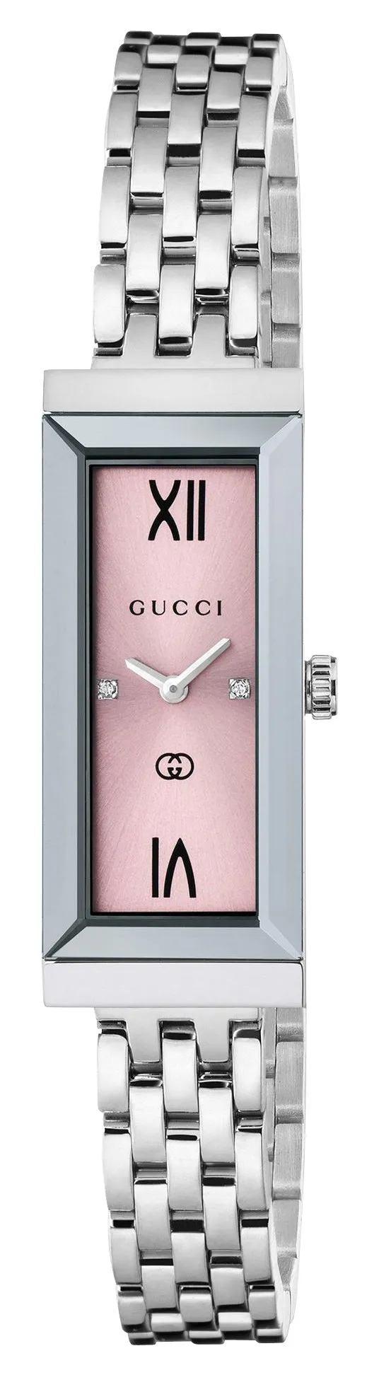 Gucci G-Frame Stainless Steel Pink Dial Diamonds Rectangle Quartz Womens Watch YA127516