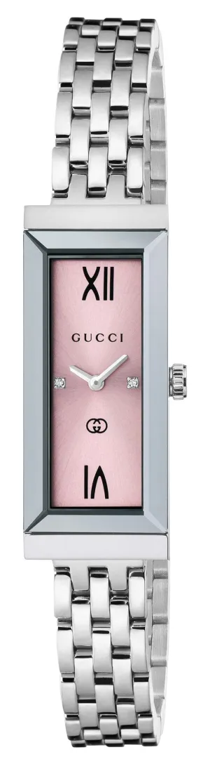 Gucci G-Frame Stainless Steel Pink Dial Diamonds Rectangle Quartz Womens Watch YA127516