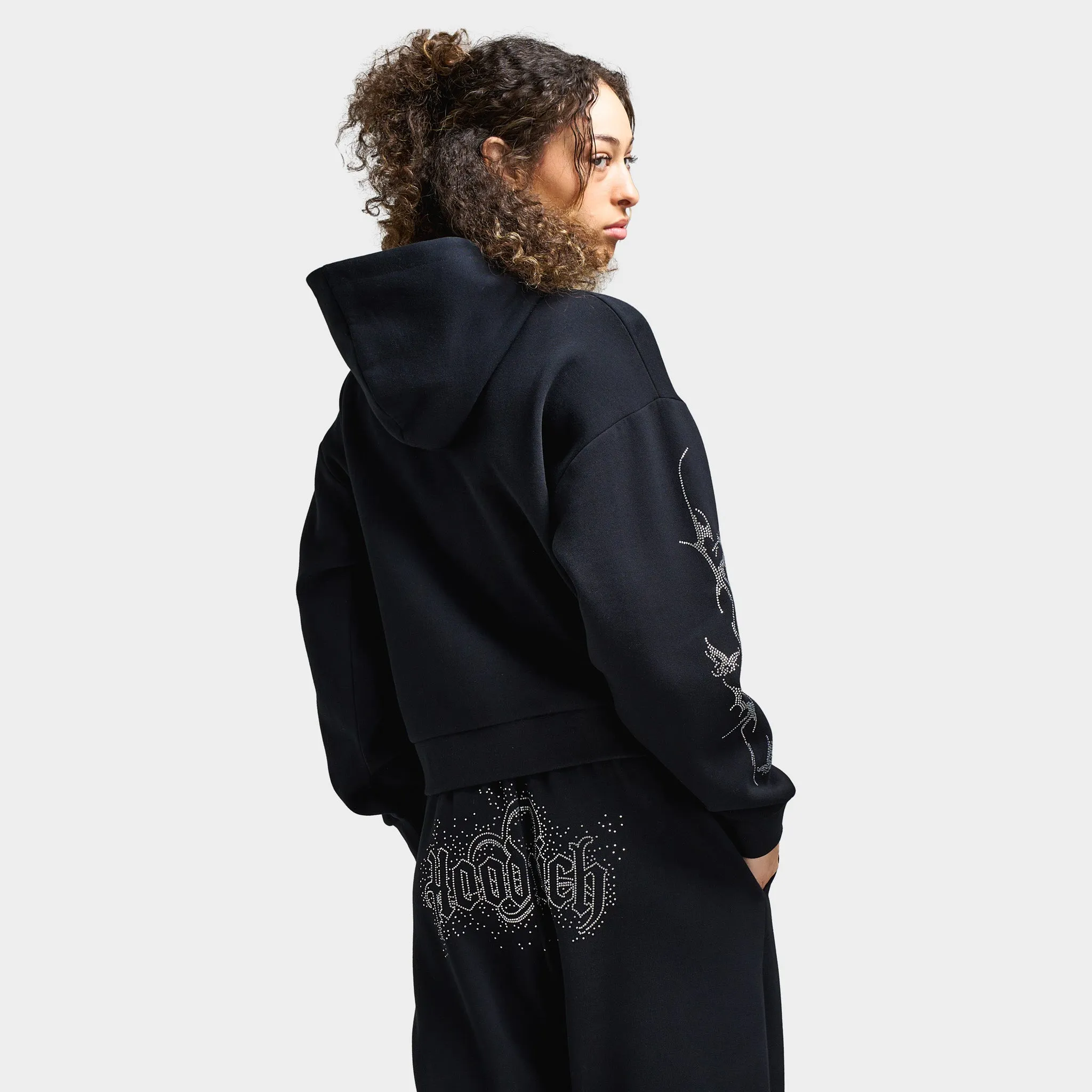 Hoodrich Women's Diffuse Full Zip Hoodie Black / Silver Rhinestones