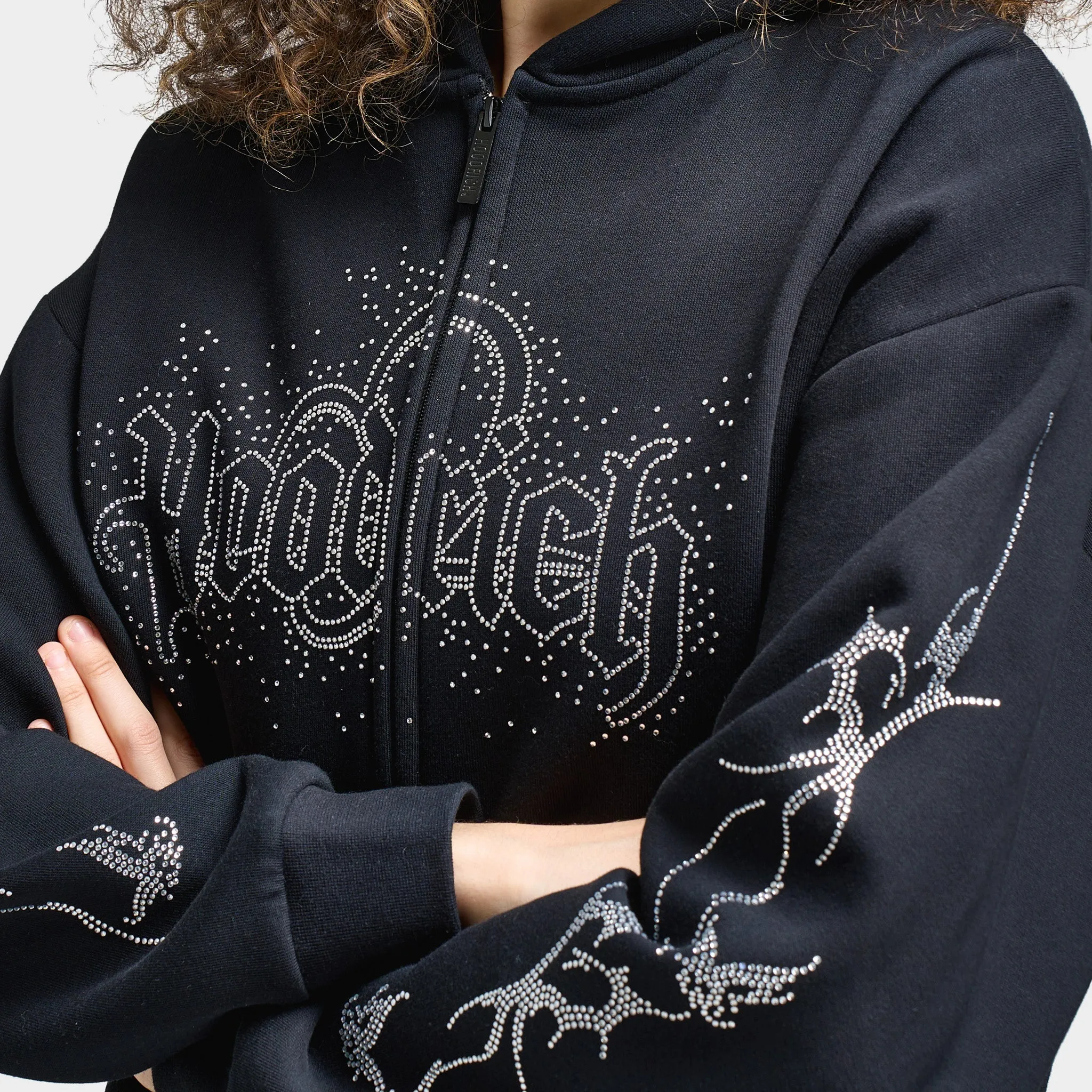Hoodrich Women's Diffuse Full Zip Hoodie Black / Silver Rhinestones