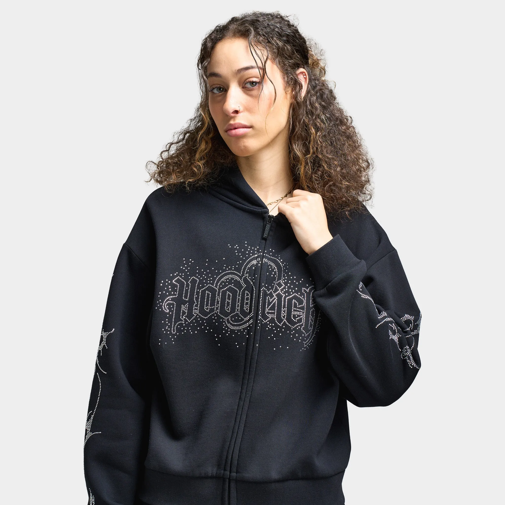 Hoodrich Women's Diffuse Full Zip Hoodie Black / Silver Rhinestones