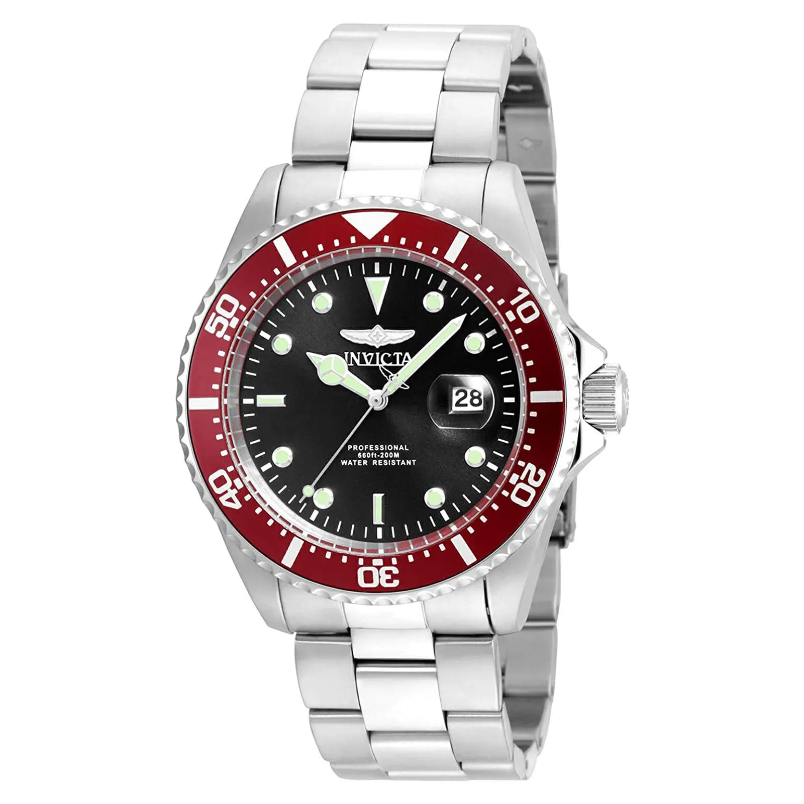 Invicta 22020 Men's Pro Diver Red Accented Bezel Black Dial Steel Bracelet Dive Watch