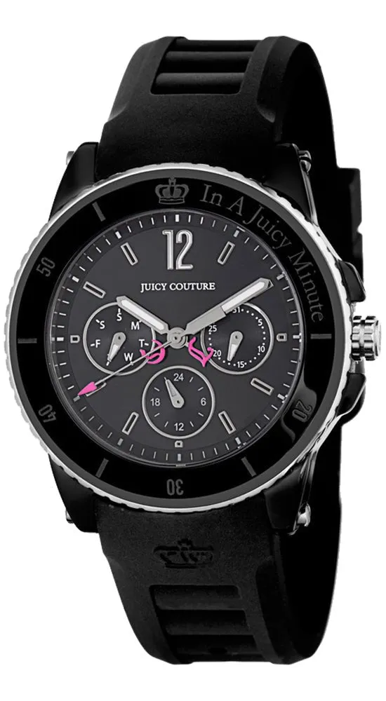 Juicy Couture Pedigree Black Ceramic & Steel Case Quartz Black Dial Black Rubber Women's Watch Day Date 1900754