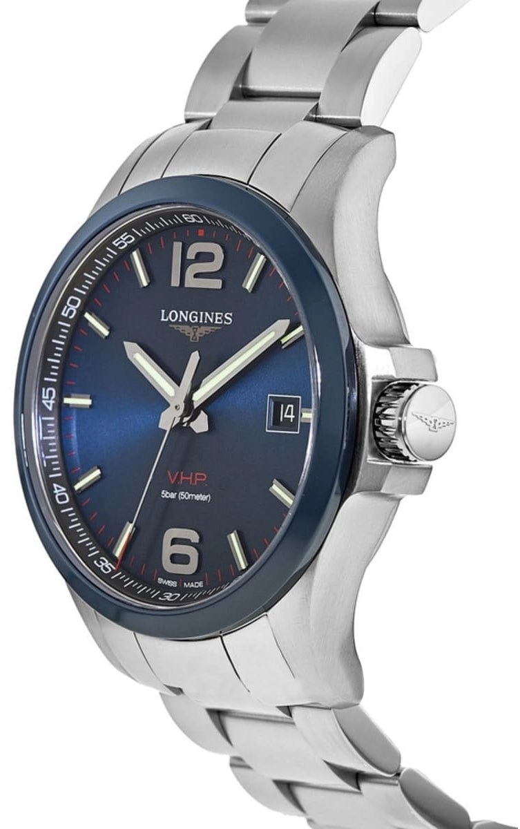 Longines Conquest V.H.P. Ceramic & Stainless Steel Blue Dial Perpetual Calendar Date Quartz Mens Watch L3.729.4.96.6
