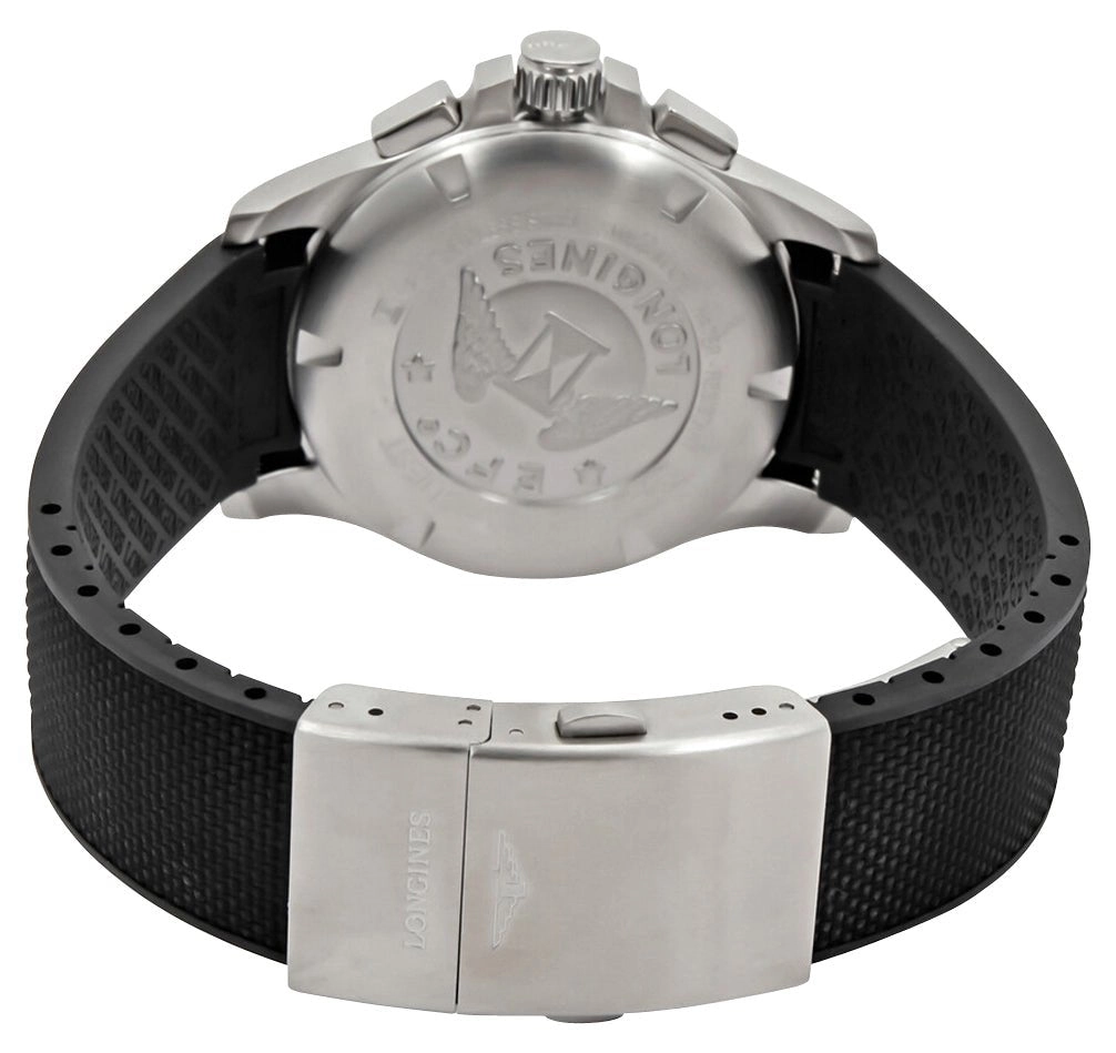 Longines Conquest V.H.P. Chronograph Stainless Steel Black Dial Black Rubber Strap Perpetual Calendar Date Quartz Mens Watch L3.717.4.56.9