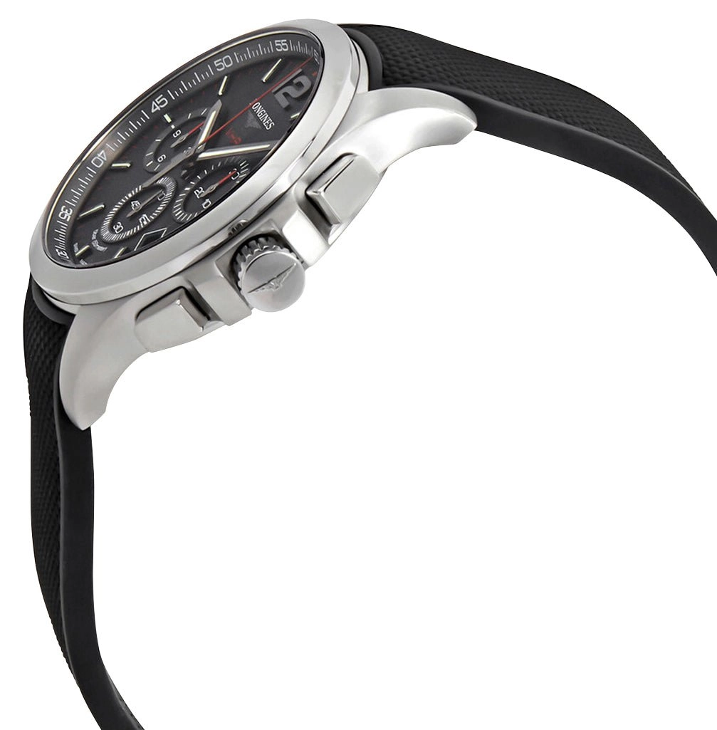 Longines Conquest V.H.P. Chronograph Stainless Steel Black Dial Black Rubber Strap Perpetual Calendar Date Quartz Mens Watch L3.717.4.56.9