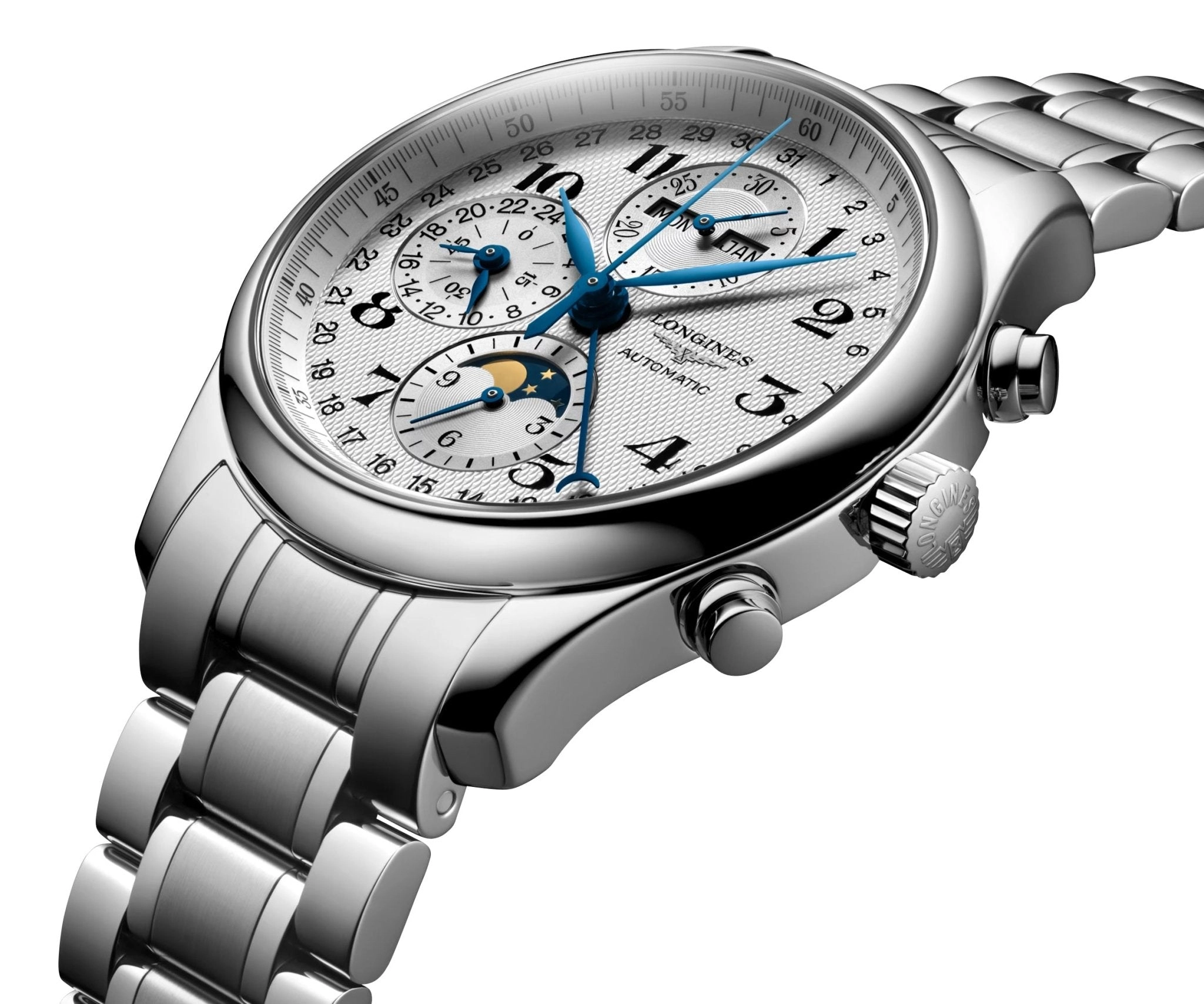 Longines Master Collection Automatic Chronograph Stainless Steel Silver Dial Day/Date Month Moonphase Mens Watch L2.773.4.78.6