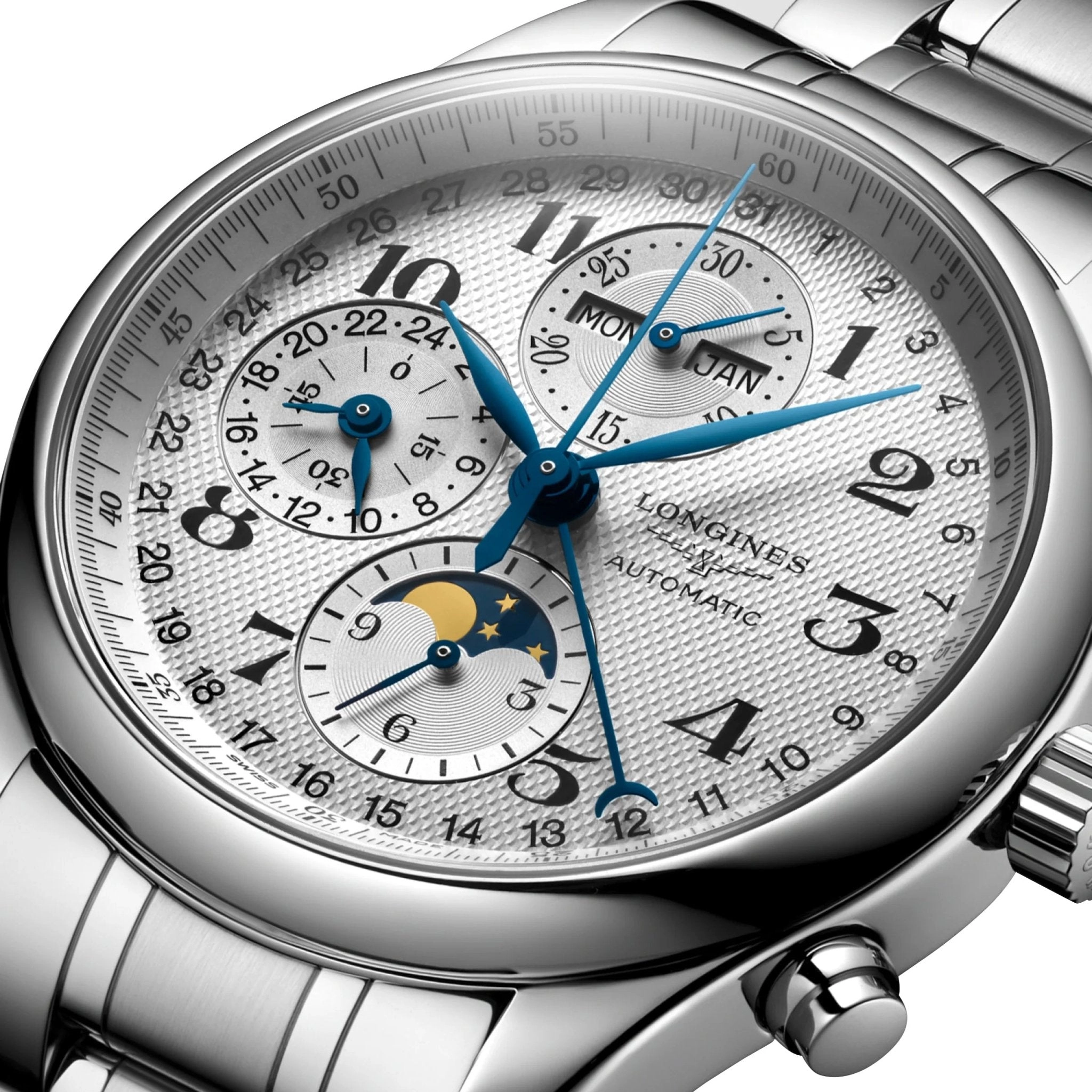 Longines Master Collection Automatic Chronograph Stainless Steel Silver Dial Day/Date Month Moonphase Mens Watch L2.773.4.78.6