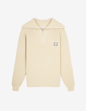 Men's Bold Fox Head Patch Half Zip Ribbed Jumper Paper