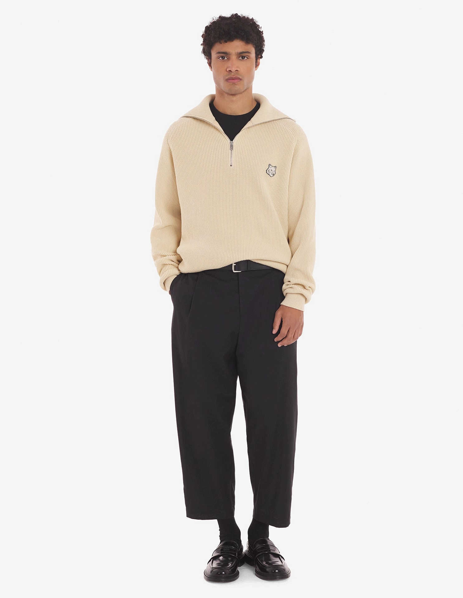 Men's Bold Fox Head Patch Half Zip Ribbed Jumper Paper
