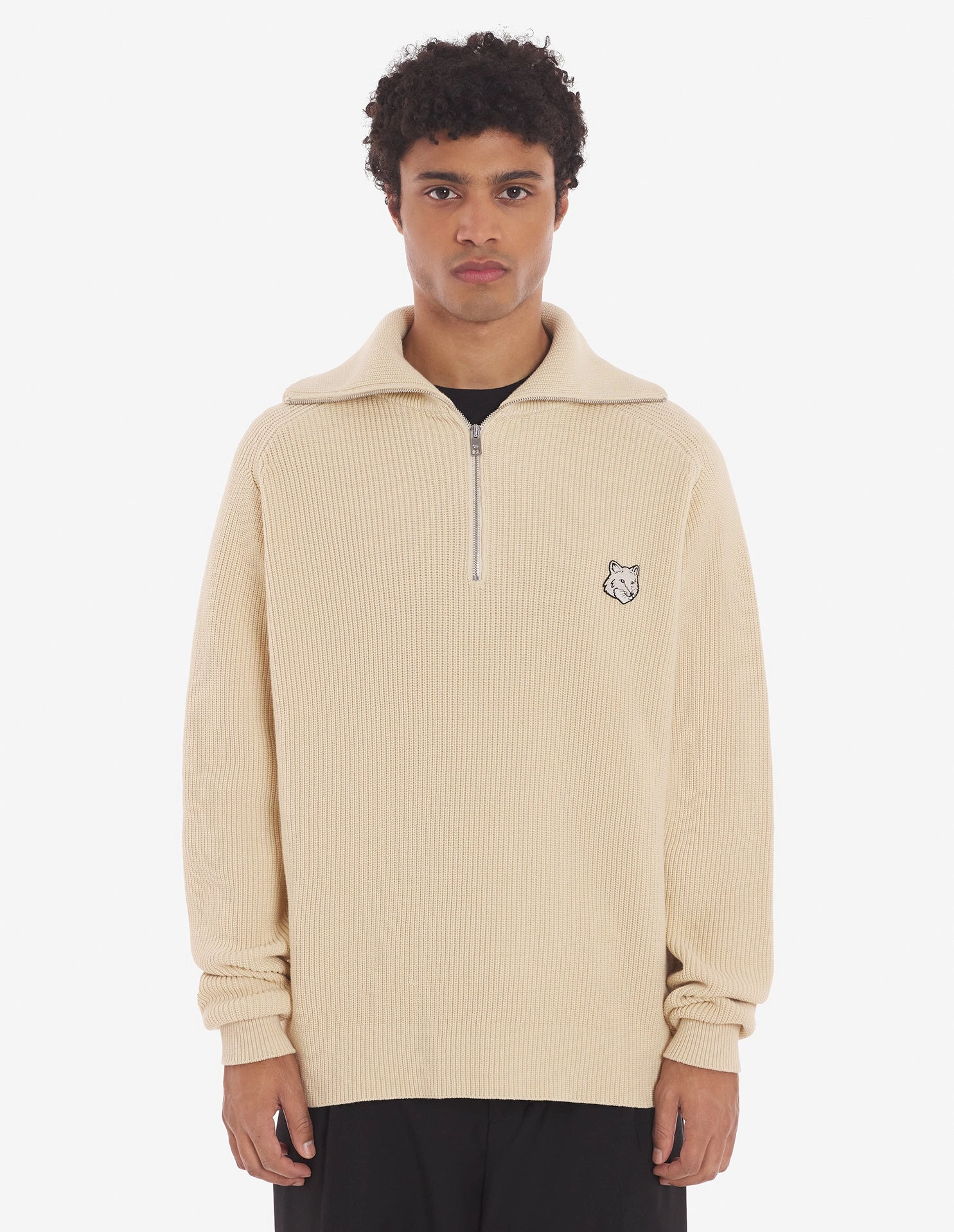 Men's Bold Fox Head Patch Half Zip Ribbed Jumper Paper