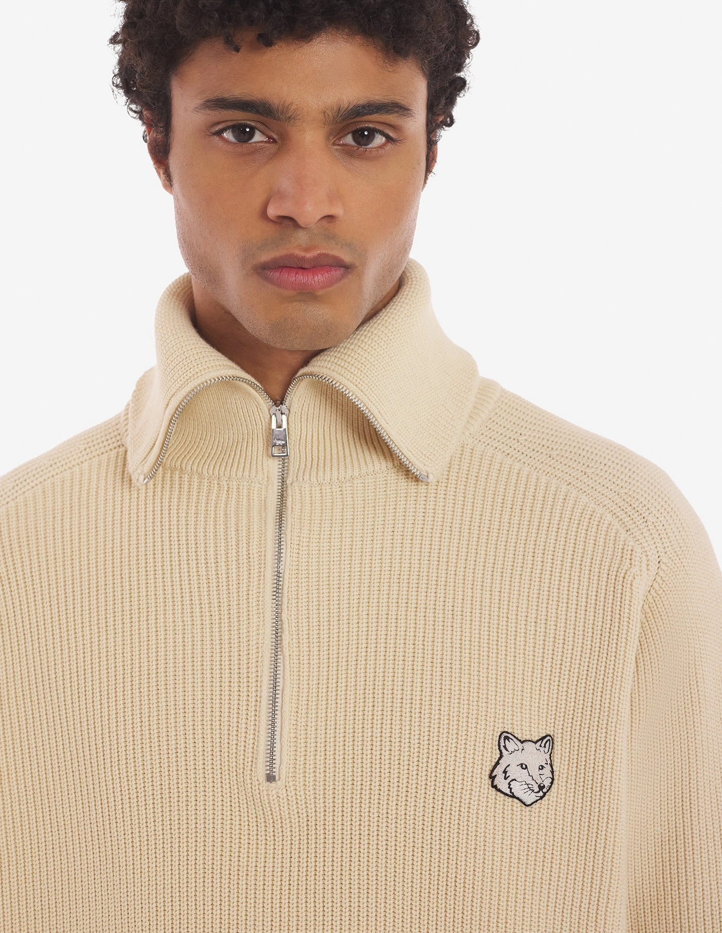 Men's Bold Fox Head Patch Half Zip Ribbed Jumper Paper