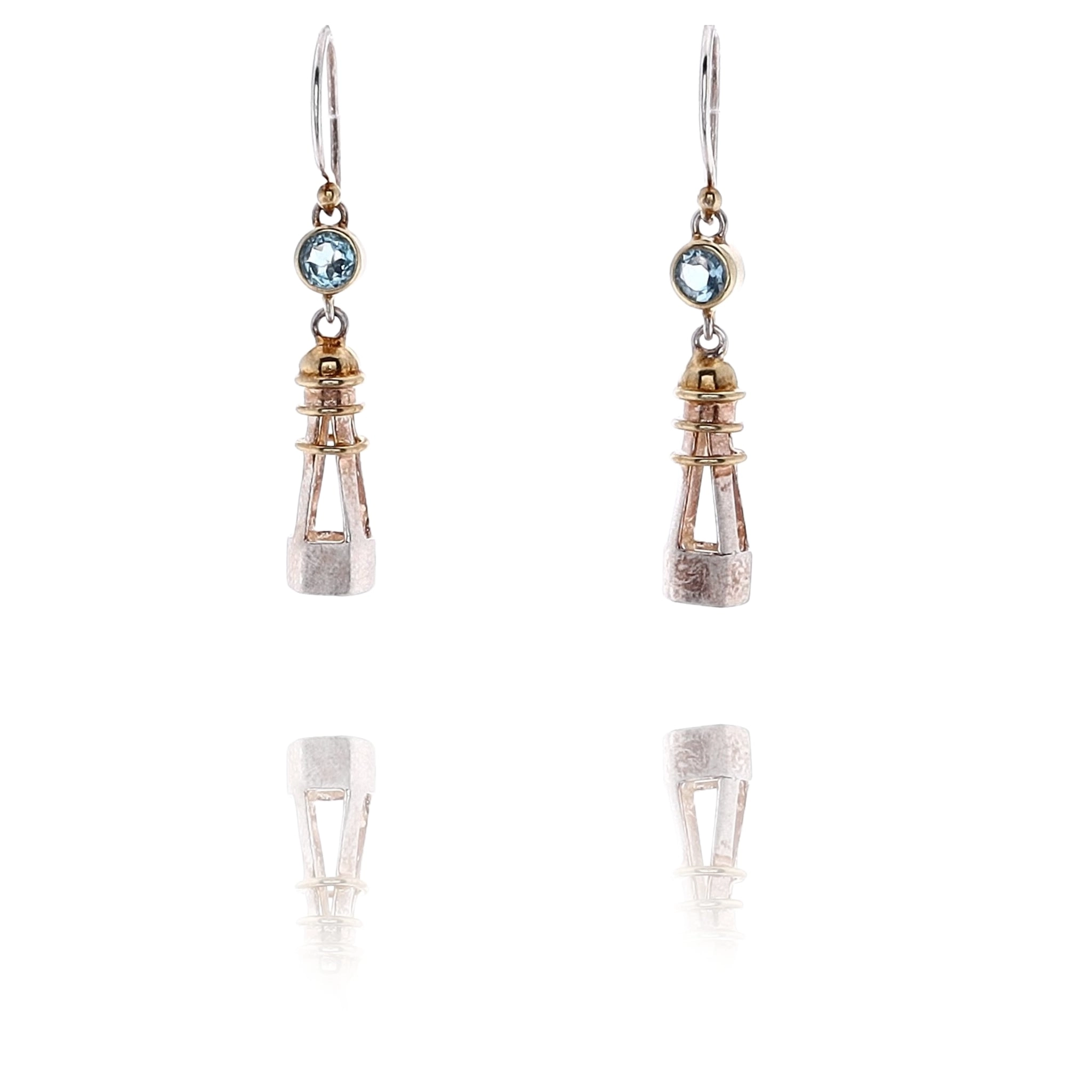 Michou Sterlign Silver and 22 Karat Yellow Gold Blue Topaz Vermeil Lighthouse Design Earrings