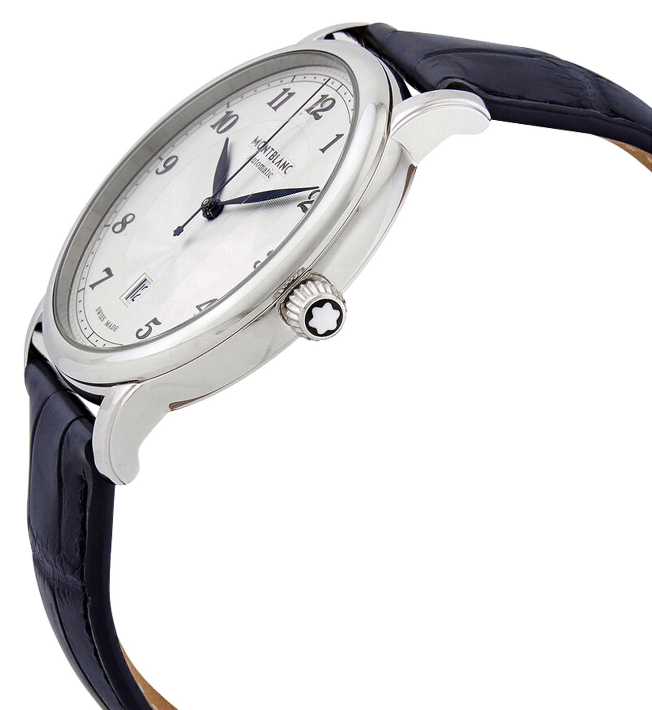 Montblanc Star Legacy Automatic Stainless Steel Silver Dial Blue Leather Strap Date Mens Watch 117575