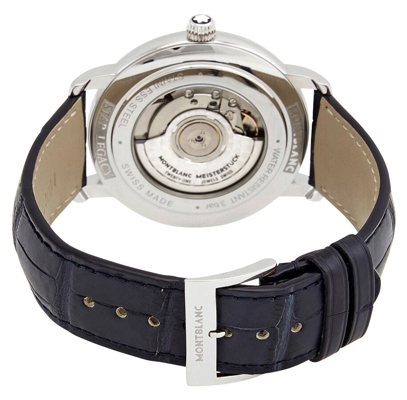 Montblanc Star Legacy Automatic Stainless Steel Silver Dial Blue Leather Strap Date Mens Watch 117575