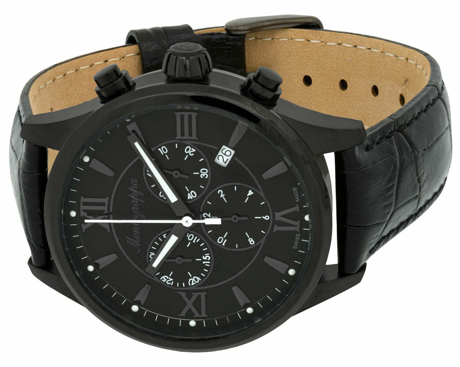 Montegrappa Fortuna Chronograph Black Dial Black PVD Steel Black Leather Strap Quartz Men's Watch IDFOWCLG