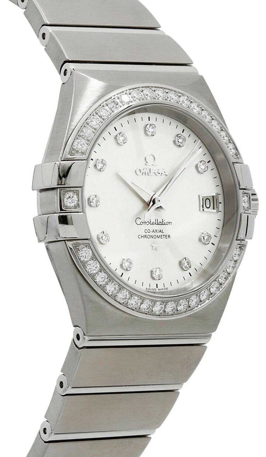 Omega Constellation Steel & Diamond Automatic Womens Watch Silver Dial Date 123.15.35.20.52.001