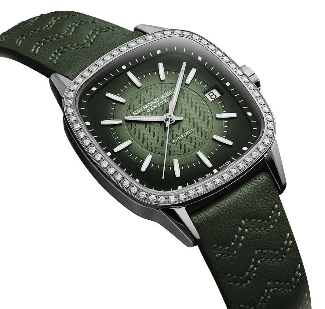 Raymond Weil Freelancer Automatic Stainless Steel Green Dial Green Leather Strap Date Diamonds Womens Watch 2490-SCS-52051