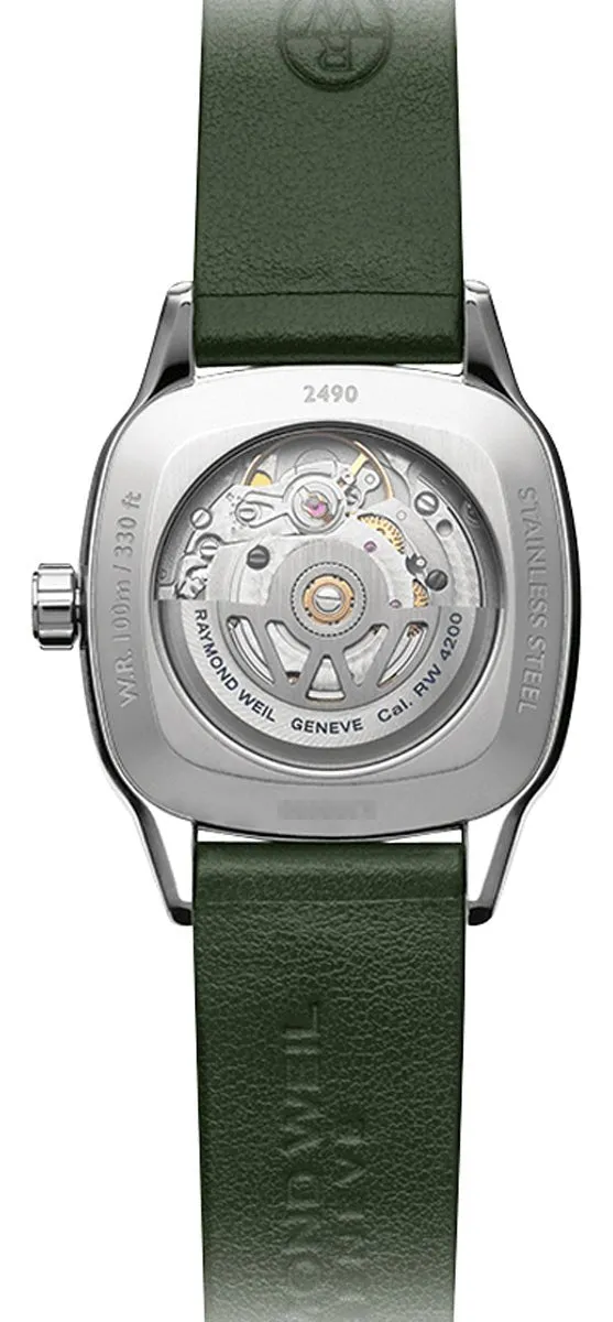Raymond Weil Freelancer Automatic Stainless Steel Green Dial Green Leather Strap Date Diamonds Womens Watch 2490-SCS-52051