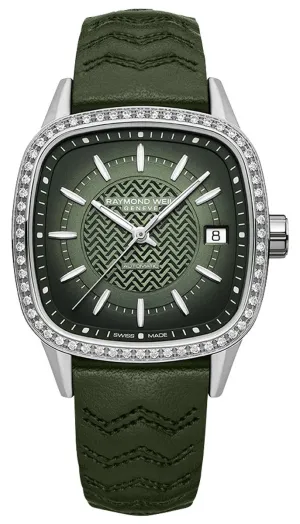 Raymond Weil Freelancer Automatic Stainless Steel Green Dial Green Leather Strap Date Diamonds Womens Watch 2490-SCS-52051
