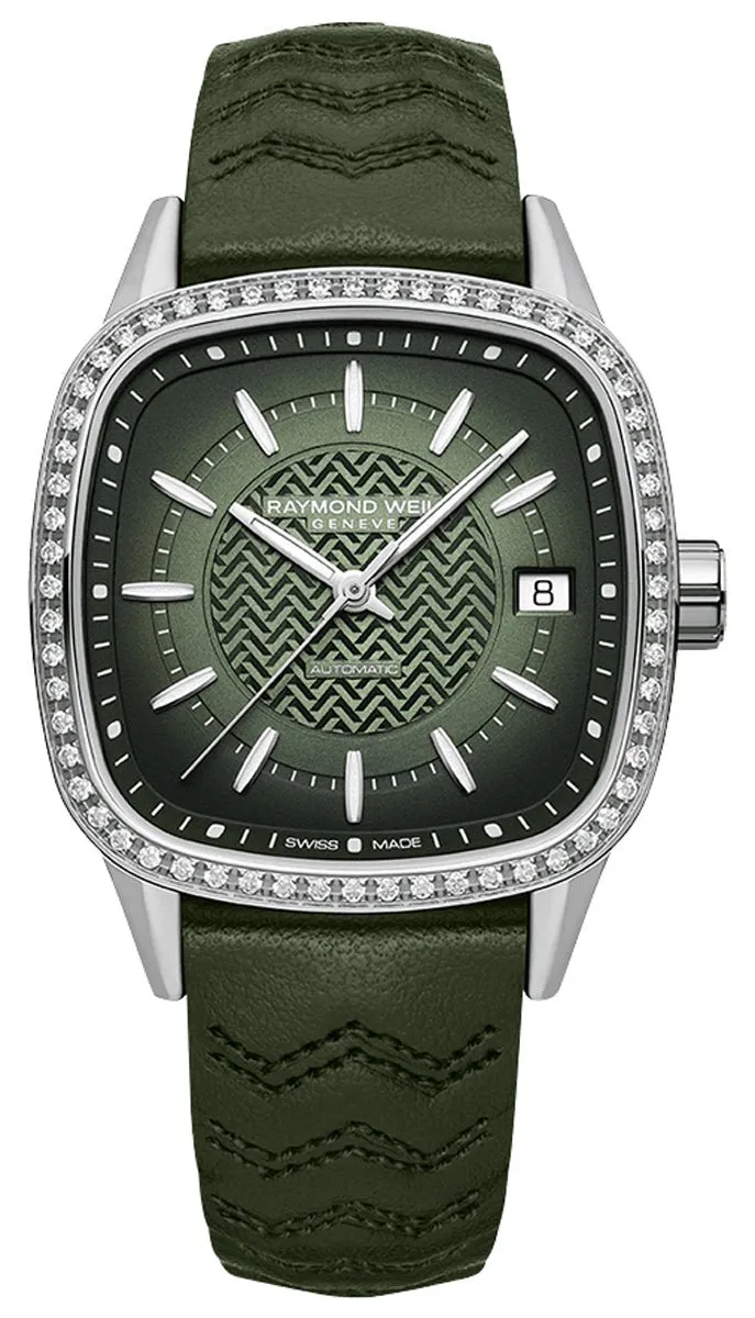 Raymond Weil Freelancer Automatic Stainless Steel Green Dial Green Leather Strap Date Diamonds Womens Watch 2490-SCS-52051