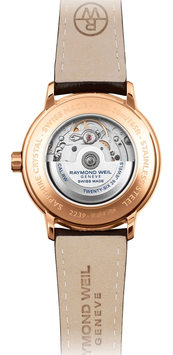 Raymond Weil Maestro Automatic Rose Gold PVD Silver Dial Brown Leather Strap Moonphase Date Mens Watch 2239-PC5-00659