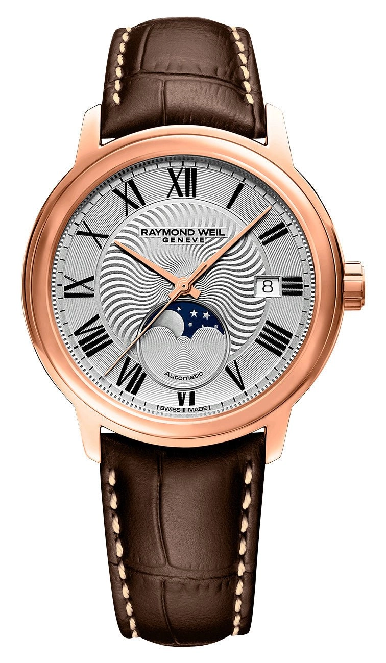 Raymond Weil Maestro Automatic Rose Gold PVD Silver Dial Brown Leather Strap Moonphase Date Mens Watch 2239-PC5-00659