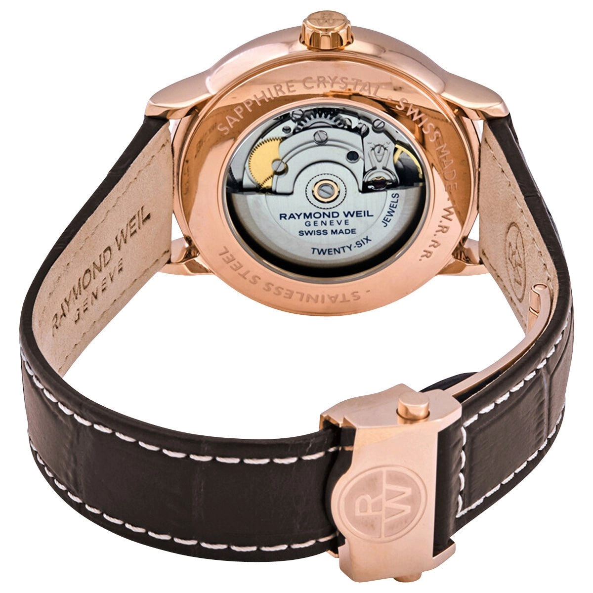 Raymond Weil Maestro Automatic Rose Gold PVD Silver Dial Brown Leather Strap Moonphase Date Mens Watch 2239-PC5-00659