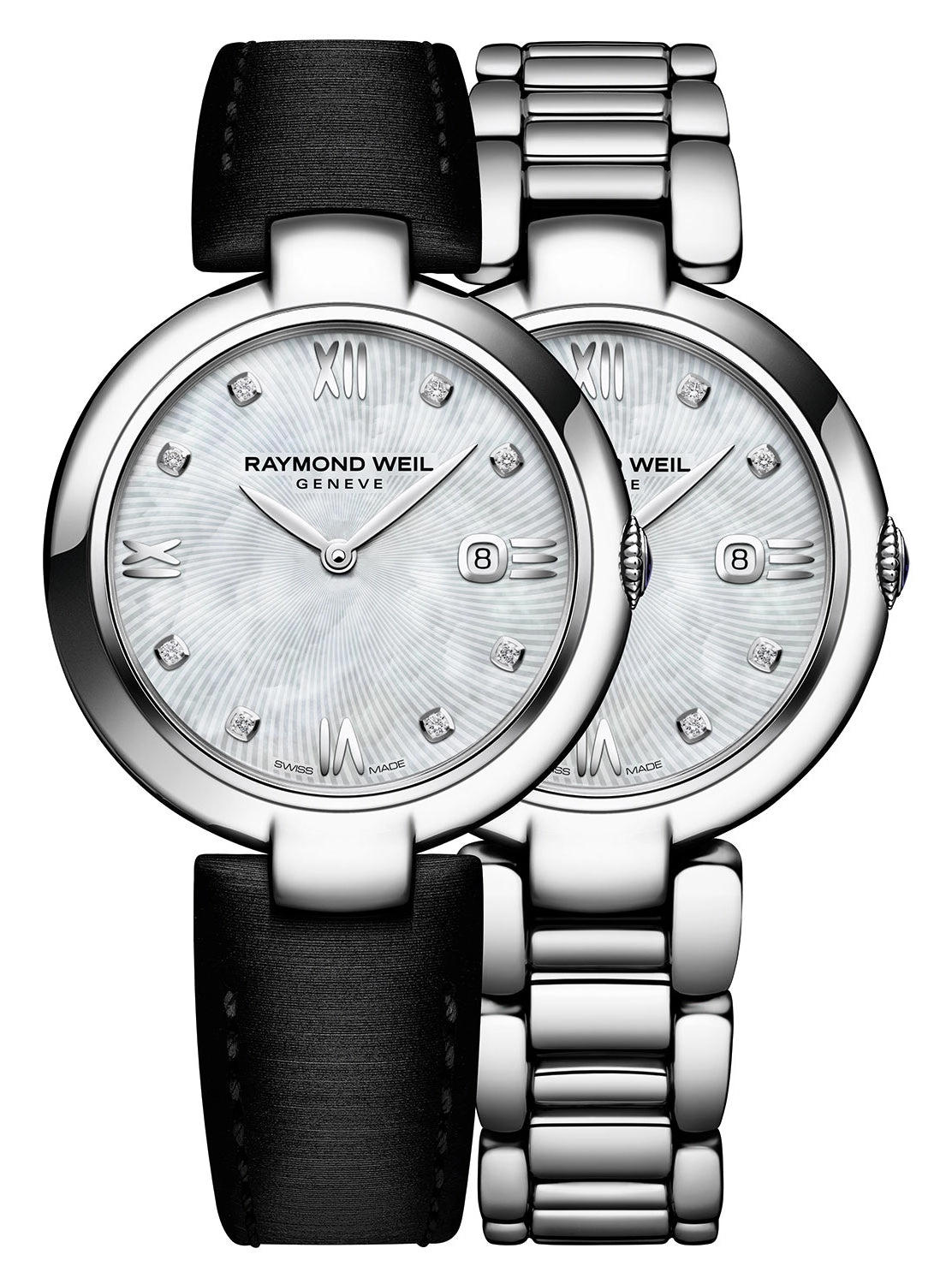 Raymond Weil Shine Stainless Steel Diamonds Mother-of-Pearl Dial Interchangeable Black Satin Strap Date Quartz Womens Watch 1600-ST-00995