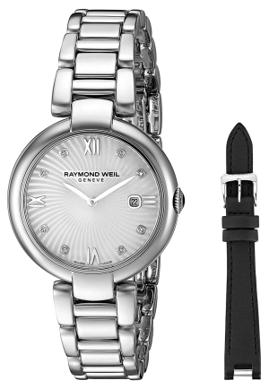 Raymond Weil Shine Stainless Steel Diamonds Mother-of-Pearl Dial Interchangeable Black Satin Strap Date Quartz Womens Watch 1600-ST-00995