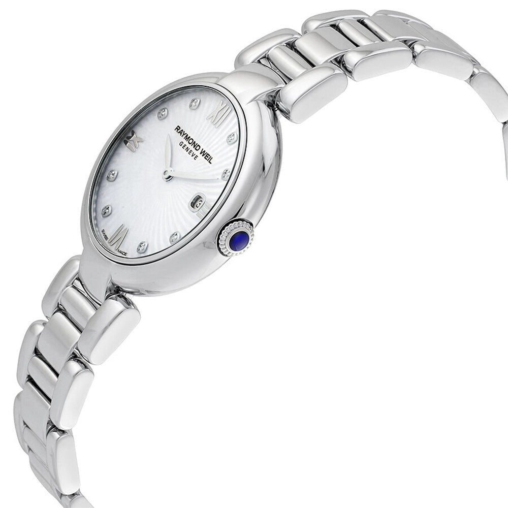 Raymond Weil Shine Stainless Steel Diamonds Mother-of-Pearl Dial Interchangeable Black Satin Strap Date Quartz Womens Watch 1600-ST-00995