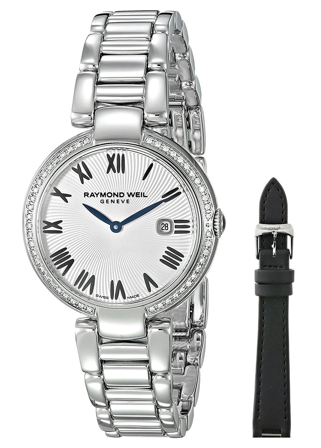 Raymond Weil Shine Stainless Steel Diamonds Silver-Tone Dial Interchangeable Black Satin Strap Date Quartz Womens Watch 1600-STS-00659