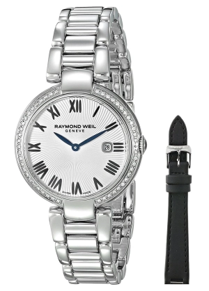 Raymond Weil Shine Stainless Steel Diamonds Silver-Tone Dial Interchangeable Black Satin Strap Date Quartz Womens Watch 1600-STS-00659