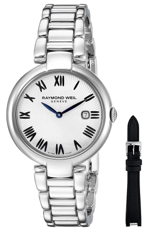 Raymond Weil Shine Stainless Steel Silver-Tone Dial Interchangeable Black Satin Strap Date Quartz Womens Watch 1600-ST-00659