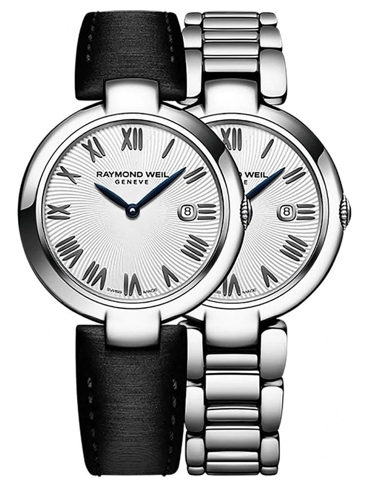 Raymond Weil Shine Stainless Steel Silver-Tone Dial Interchangeable Black Satin Strap Date Quartz Womens Watch 1600-ST-00659