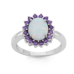 Sterling Silver White Opal Oval with Amethyst CZ Ring - W-1509