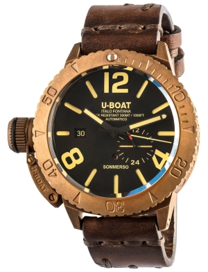 U-Boat Sommerso Automatic Bronze Black Dial Brown Leather Strap Date Divers Mens Watch 8486